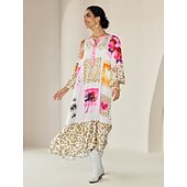 cheap Print Casual Dress-Satin Leopard Print Button Up Crew Neck Casual Daily Maxi Dress