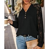 preiswerte Spitzenoberteile-Damen Bluse elegant stylisch modern Spitze Langarm V-Ausschnitt Arbeit Alltag schwarz Frühling Herbst
