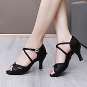 abordables Chaussures de danses latines-chaussures de danse de salon en satin noir pour femmes avec bride croisée et boucle en strass, talons confortables pour la danse latine et la salsa