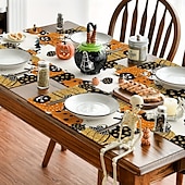 abordables Halloween Cocina-Paquete de 4 manteles individuales de lino para Halloween, resistentes al calor, para decorar la mesa del comedor de la cocina y como accesorio de mesa para fiestas espeluznantes.