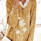 economico Motivi grafici e dettagli-Per donna Pullover Maglione Moda Informale Morbido Farfalla Uncinetto A V Lavorato a maglia Finiture in pizzo Manica lunga Maglia Esterno Giornaliero Per uscire Giallo Grigio Autunno Inverno