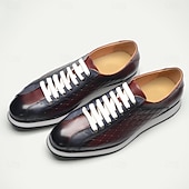 cheap Premium Leather Sneakers-Men&#039;s Quilted Cowhide Leather Lace-Up Sneakers with Red and Black Gradient Design - Stylish Casual Shoes for Everyday Wear