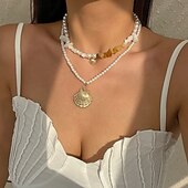 baratos Colares-Colares com Pendentes Imitação de Pérola Concha Mulheres Elegante Barroco Multi Camadas Casamento Irregular Colar Para Casamento Presente Feriado