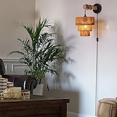 economico Luci da parete-Lampada da parete in rattan a 3 livelli con cavo di alimentazione, applique da parete in rattan boho deco, applique da parete interna con spina per camera da letto comodino sala da pranzo soggiorno