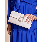 cheap Clutches &amp; Evening Bags-Women&#039;s White Satin Clutch with Rhinestone Buckle - Elegant Evening Bag for Special Occasions