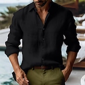 preiswerte Urlaub-Herren Hemd leinenhemd Sommerhemd Strandhemd Knopfhemd Glatt Urlaub Curise Schwarz Rosa Grün Grau Langarm Kragen Frühling Sommer Bekleidung