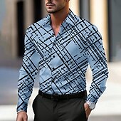 お買い得  メンズドレスシャツ-男性用 幾何学模様 ドレスシャツ ボタンアップシャツ 長袖 ビジネスカジュアル ビジネス 日常 秋 春夏 シャツカラー ボタンアップ 3Dプリント ブラック ホワイト ブルー パープル