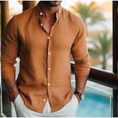 preiswerte Urlaub-Herren Hemd Leinenhemd Sommerhemd Strandbekleidung Knopfhemd Einfach Urlaub Kreuzfahrt Weiß Rosa Blau Orange Langarm Revers Frühling &amp; Sommer Bekleidung