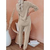 billiga Sovkläder till damer-pyjamasset för kvinnor ren färg mode grundläggande komfort hem daglig säng andas rund hals långärmad byxficka resår midja höst vinter hem outfits
