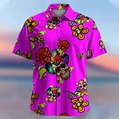 cheap Floral Print-Men&#039;s Floral Skull Tropical Flowers Summer Hawaiian Shirt Button Up Shirt Aloha Shirt Short Sleeve Shirt Collared Shirts Hawaiian Casual Vacation Party Evening Wear Daily Purple Fuchsia Orange S M L