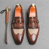 economico Semi-formale-mocassini da uomo retrò in similpelle - classico design brogue con fibbia e dettaglio frangia, calzature versatili ed eleganti