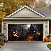 billige Halloween garasjeportdeksel-halloween dørdekorasjoner utendørs halloween garasjedørdeksel jack o lanterne gresskar slott banner skummel skog stort bakteppe dekorasjon for ferie utendørs garasjedør hjem veggdekorasjoner