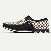 abordables Occasionnel-mocassins à enfiler à carreaux marron et blanc pour hommes avec similicuir et toile, chaussures décontractées confortables à porter au quotidien