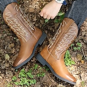 abordables Cowboy et bottes occidentales-bottes de cowboy western marron pour hommes - similicuir avec détails brodés pour un style extérieur classique