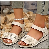 preiswerte Komfortsandalen-Rote Damen-Keilsandalen mit floralen Verzierungen und verstellbarem Fesselriemen für Sommer- und Freizeit-Outfits