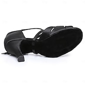 abordables Chaussures de danses latines-chaussures de danse de salon en satin noir pour femmes avec bride croisée et boucle en strass, talons confortables pour la danse latine et la salsa
