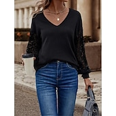 preiswerte Elegante Oberteile-Damenbluse stilvoll modern einfarbig Spitze Öse Langarm V-Ausschnitt täglich schwarz weiß Frühling Herbst