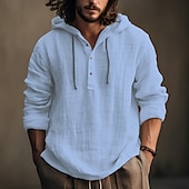 economico Camicie da uomo-Per uomo Camicia camicia di lino Camicia in calicò Camicia con cappuccio Liscio Informale Giornaliero Bianco Blu Marrone Verde Manica lunga Con cappuccio Primavera estate Abbigliamento