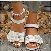 preiswerte Komfortsandalen-Rote Damen-Keilsandalen mit floralen Verzierungen und verstellbarem Fesselriemen für Sommer- und Freizeit-Outfits