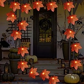 ieftine Halloween în aer liber-Ghirlandă artificială cu frunze de arțar cu energie solară 6,5 m 30 led-uri de Ziua Recunoștinței Halloween frunze de toamnă decorare în aer liber grădină interioară terasă șemineu pentru iluminat