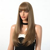 baratos Perucas Sintéticas sem Touca-Peruca sintética feminina de 26 polegadas, cor gradiente, cabelo longo e liso marrom com franja, moda diária, festa, cosplay