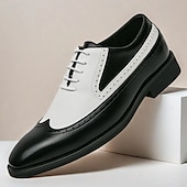 olcso Hivatalos-férfi fekete-fehér wingtip oxford cipők brogue részletekkel - klasszikus kéttónusú műbőr ruhacipő formális és vintage ihletésű ruhákhoz
