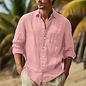 cheap Vacation-Men&#039;s Shirt Cotton Linen Shirt Summer Shirt Beach Wear Button Up Shirt Plain Vacation Curise Black White Pink Navy Blue Long Sleeve Lapel Spring &amp; Summer Clothing Apparel