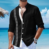 voordelige Vakantie-Voor heren Overhemd linnen overhemd Guayabera-shirt Zomer overhemd Strand Kleding Overhemd met knopen Effen Vakantie Curise Zwart Wit Blozend Roze blauw Lange mouw Band Kraag Lente zomer Kleding