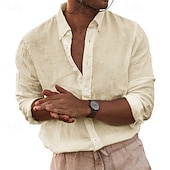 preiswerte Klassiker-Herren leinenhemd Sommerhemd Strandbekleidung Knopfhemd Glatt Casual Täglich Weiß Himmelblau Beige Grau Langarm Umlegekragen Frühling &amp; Herbst Bekleidung Tasche