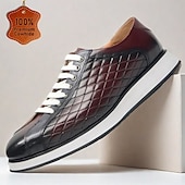 cheap Premium Leather Sneakers-Men&#039;s Quilted Cowhide Leather Lace-Up Sneakers with Red and Black Gradient Design - Stylish Casual Shoes for Everyday Wear
