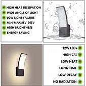 baratos luzes de parede ao ar livre-luz de parede externa led 12w arco moderno luz de parede externa à prova d&#039;água ip65 estável em luz de parede preta externa adequada para varanda externa pátio jardim banheiro quarto 85-265v