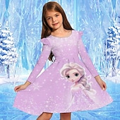 billiga 3D Cartoon Dresser-Flickor 3D Grafisk Tecknat Snöflinga Klänning Snowflake Klänning Volangkjol Långärmad Sommar Vår Semester Dagligen Helgdag Skön Ljuv Barn 4-12 år Festklänning A linjeklänning Knälång Normal