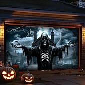 tanie Dekoracja Halloween-dekoracje drzwi halloweenowych na zewnątrz halloweenowa osłona drzwi garażowych baner jack o lantern dynia szkielet śmierć na zewnątrz duże tło dekoracja na święta zewnętrzne drzwi garażowe dekoracje