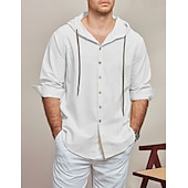 economico Classico-Per uomo Camicia Camicia di lino Abbigliamento da spiaggia Camicia con Bottoni Camicia con cappuccio Semplice Vacanza Casuale Nero Bianco Blu Verde Manica Lunga Con Cappuccio Primavera &amp; Estate