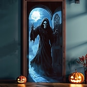 billige Halloween dørdeksler-halloween dørdekorasjoner halloween dørdeksler ansikt død dør tapet dør gardin dekorasjon bakteppe dør banner for inngangsdør gårdshus ferie fest innendørs utendørs dekor forsyninger
