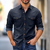 economico Camicie da uomo-Per uomo Camicia Camicia in chambray Camicia in calicò Maglietta informale Camicia con bottoni Camicia di jeans Blu denim Nero Blu marino Azzurro Manica lunga Liscio Colletto Da mare Giornaliero