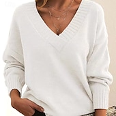 abordables Pulls et hauts-Femme Pull Chandail Pull décontracté Mode Vêtement de rue mode Couleur unie Col V Col en V manche longue Hauts réguliers Tricoter Travail Noir Blanche Automne Hiver