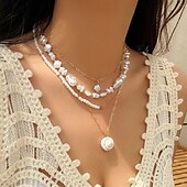baratos Colares-Colares com Pendentes Imitação de Pérola Concha Mulheres Elegante Barroco Multi Camadas Casamento Irregular Colar Para Casamento Presente Feriado