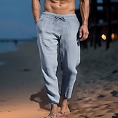 cheap Holiday-Men&#039;s Linen Pants Trousers Summer Pants Beach Pants Pocket Drawstring Elastic Waist Plain Comfort Soft Daily Weekend Streetwear Casual Black White Micro-elastic