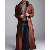 billige Trenchcoat for menn-Herre Lærjakker Overgangsjakke Trenchcoat Lang trenchcoat Feriereise Daglig Høst vinter PU Lær Hold Varm Vindtett Yttertøy Klær Mote Klassisk عادي Lomme Knaphul Enkeltkneppet