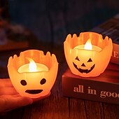 preiswerte Halloween Requisitenbeleuchtung-Halloween-Kürbislichter mit flackerndem LED-Kerzenlicht, Halloween-Jack-o-Lantern-Schneekumpel-Ornament für Schreibtisch und Garten, die Denkerstatue, Regenbogen-Party-Anzieh-Requisiten, 6/12 Stück