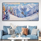 お買い得  風景画-ミンチュラ 手作り スキーリゾート 風景 油絵 キャンバス 壁アート 装飾 モダン 抽象画 家の装飾用 ロール フレームなし 未伸張 絵画