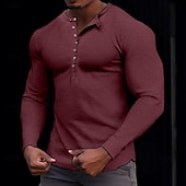 tanie Casualowa koszulka Henley-100% bawełniana męska koszulka henley koszulka z długim rękawem koszula z długim rękawem jednolity kolor modny codzienny guziki henley outdoor casual lato ciemnobrązowy wojskowa zieleń ciemnoszary henley t-shirt