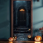 billige Halloween dørdeksler-halloween dørdekorasjoner halloween dørdeksler skummel dyster dør billedvev dør gardin dekorasjon bakteppe dør banner for inngangsdør gårdshus ferie fest innendørs utendørs dekor forsyninger
