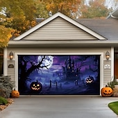 tanie Halloween pokrycie drzwi garażowych-dekoracje drzwi halloweenowych na zewnątrz halloweenowy baner na drzwi garażowe jack o lantern duży gobelin dekoracja tła na święta zewnętrzne drzwi garażowe dekoracje ścienne domu
