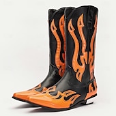 cheap Cowboy &amp; Western Boots-Men&#039;s Black and Orange Mid-Calf Western Cowboy Boots - Bold Flame Design with High-Gloss Finish for Rodeo and Fashion Wear