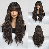 abordables Perruques Synthétiques Sans Bonnet-Perruque Synthétique Bouclé Ondulé Coupe Droite Avec Frange Perruque 26 pouces Brun foncé Cheveux Synthétiques Femme Cheveux Colorés Confortable Avec des franges Marron clair