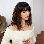 baratos Perucas Sintéticas sem Touca-Perucas de Cosplay Encaracolado Ondas Soltas Prumo Franja Lisa Com Franjas Peruca 14 polegadas Preto / Marron Cabelo Sintético Mulheres Elástico Adorável Confortável Marrom Escuro