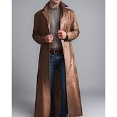billige Trenchcoat for menn-Herre Lærjakker Overgangsjakke Trenchcoat Lang trenchcoat Feriereise Daglig Høst vinter PU Lær Hold Varm Vindtett Yttertøy Klær Mote Klassisk عادي Lomme Knaphul Enkeltkneppet