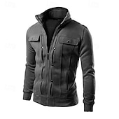 baratos Casacos &amp; Sobretudos para Homem-Homens jaqueta leve jaqueta de verão Jaqueta de Camisa Jaqueta de Transição Rua Roupa Diária Manter Quente Zíper Bolsos Outono &amp; inverno Tecido Moda Clássico Colarinho Clerical Padrão Cinzento Escuro